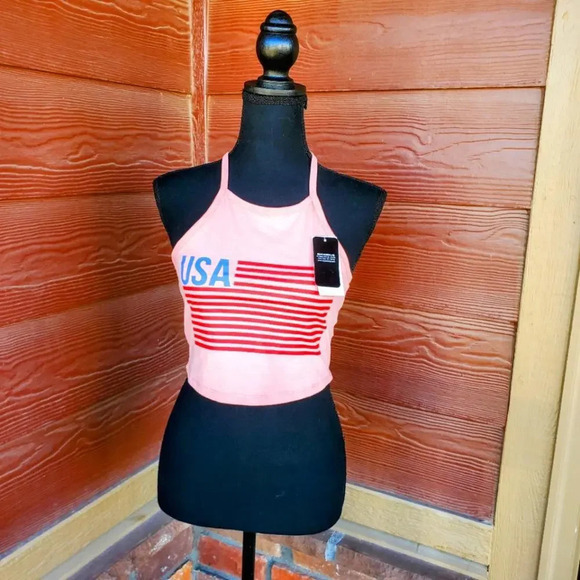 NWT Isaac Morris Women's USA Flag Graphic Halter Cropped Top Coral Pink XS - Picture 6 of 12